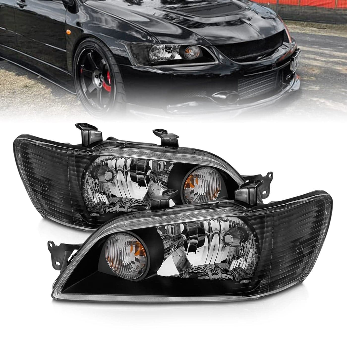 AmeriLite Black Replcement Headlights Set For 0203 Mitsubishi Lancer Passenger and Driver Side