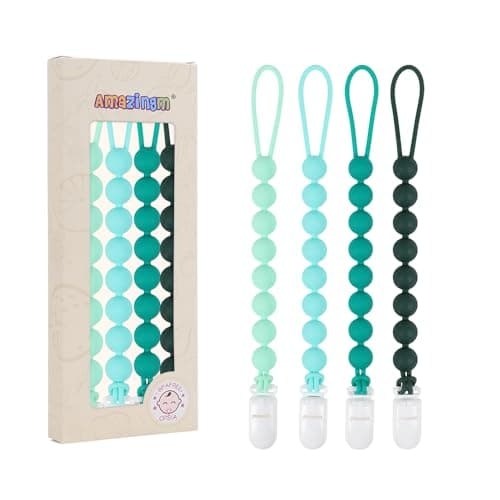 4 Pcs Green Baby Silicone Teething Pacifier Clip,One-Piece Design,Round Shape,Smooth Surface,BPA Free.