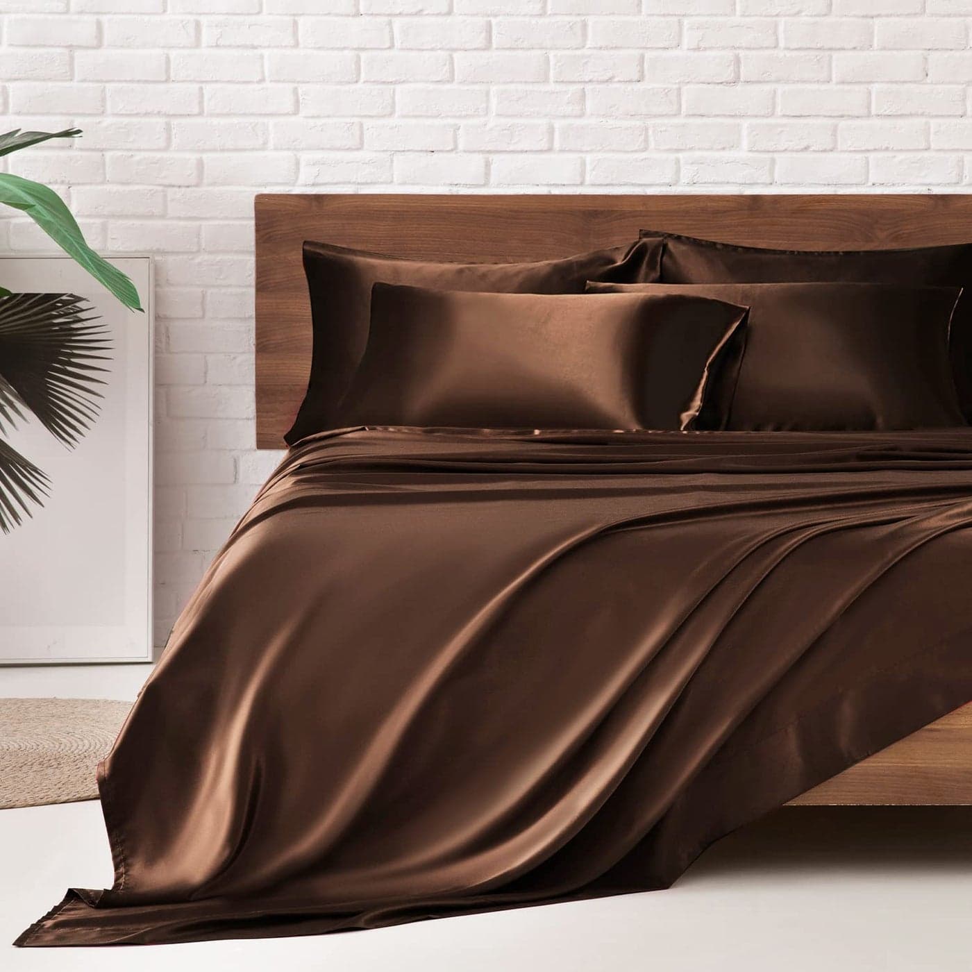 MRHM Satin Bed Sheets King Size Sheets Set 6 Pcs Silky Bedding Set with 15 Inches Deep Pocket for MattressKing Brown
