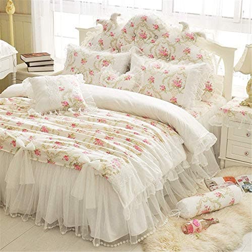 LELVA Girls Bedding Set Lace Ruffle Duvet Cover Sets with Bed Skirt Princess Bedding Set Vintage Floral Print Duvet Cover Twin Size 4 Piece (Twin, White)