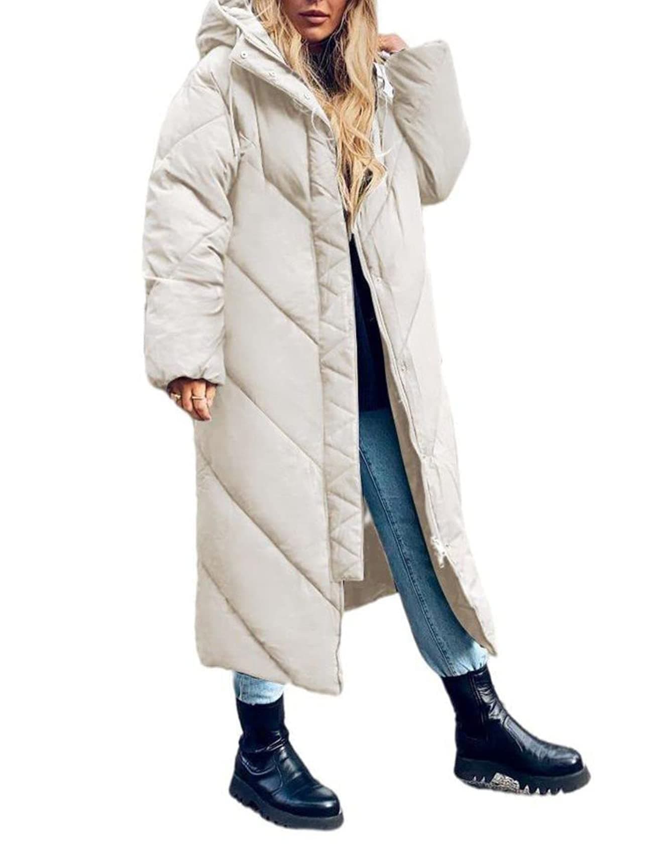 Flygo Womens Long Puffer Coat Long Sleeve Padded Winter Down Coats Hooded Parka JacketBeigeM