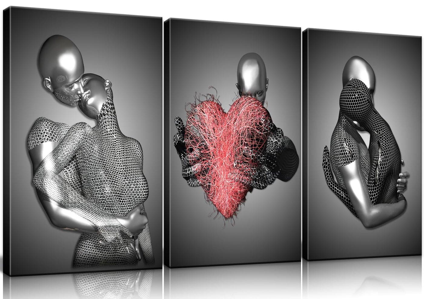 Framed Love Heart 3d Wall Art Romantic Couple Hug Abstract Art Prints Posters Decor Grey Black and White Canvas Prints Bedroom Bathroom Hotel Valentine'S Day Ready to hang 16x24InchX3