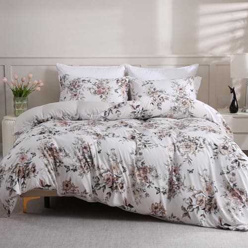 LONAVA Queen Floral 3 Pcs Duvet Cover Set, Breathable Soft Microfiber Light Grey Lining Comforter Cover with Zipper Closure, and 2 Anti-Pilling, Fade Resistant Pillowcases, Withered Flowers