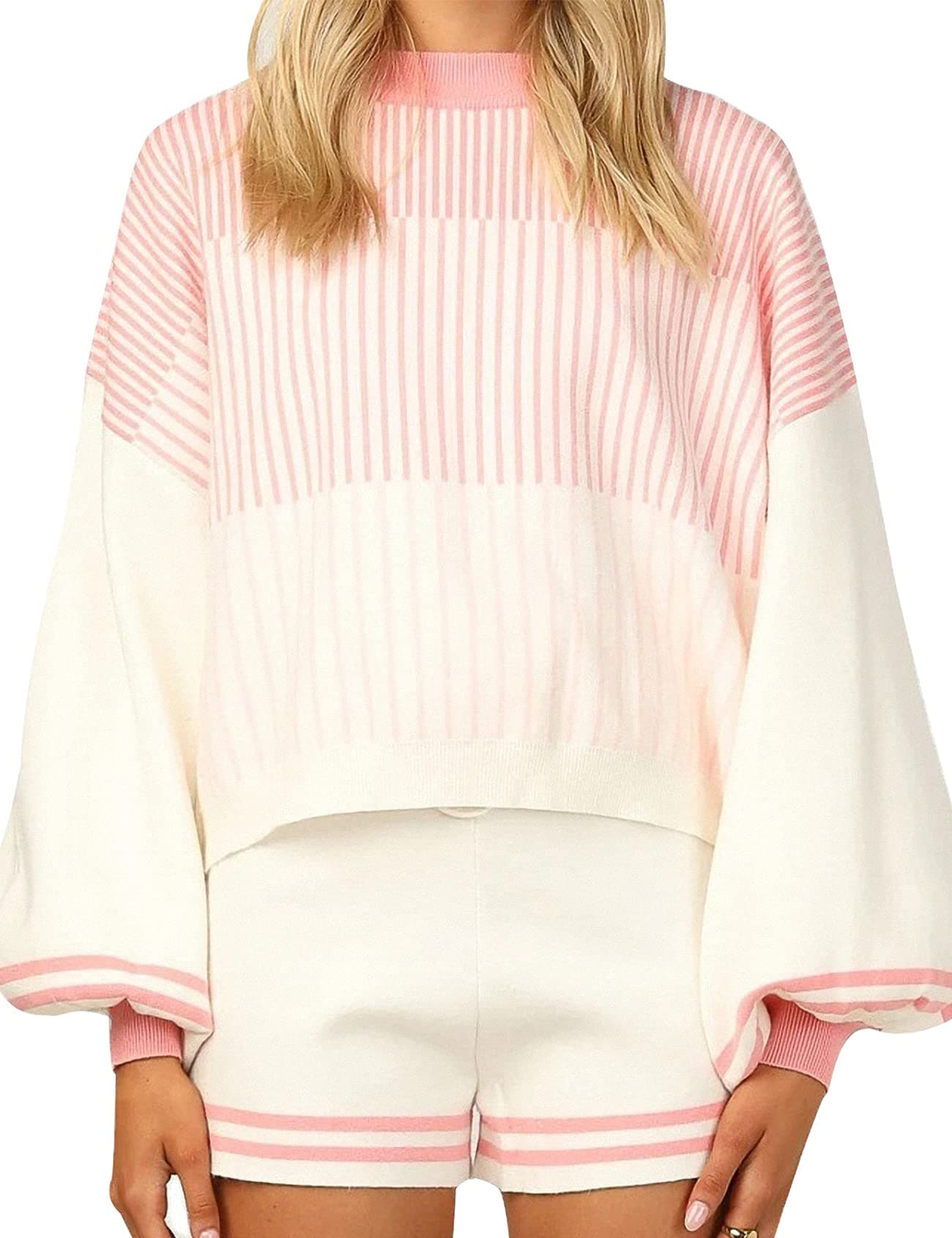 Gihuo Women' s Striped 2 Piece Outfits Crewneck Knit Pullover Sweater Shorts Set Wide Leg Matching Set Loungewear(White-XS)