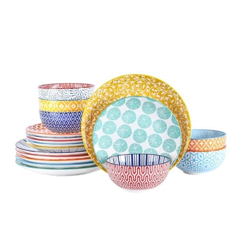 Selamica Ceramic Dinnerware Sets for 6, 18 Pieces Plates and Bowls Set, Scratch Resistant Dishes Set, Dishwasher&Microwave Safe, Assorted Colors