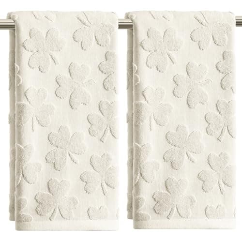 Artoid Mode 2 Pcs Beige 3D Shamrock Jacquard Patrick Hand Towels for Bathroom, 100% Cotton Soft Absorbent Bathroom Decor Towels, 13.7 x 29.5 Inch