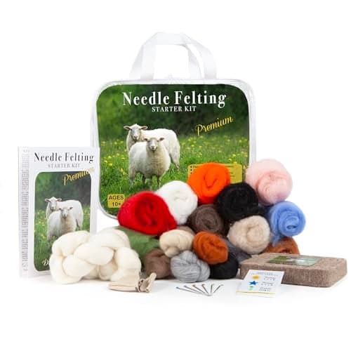Complete Needle Felting Craft Starter Kit for Beginners, Premium Tools and Supplies, 17 Colors Wool, 6 Needles Color Coded, Wool Felting Pad, Leather Finger Guards, Storage Case, Assembled in USA