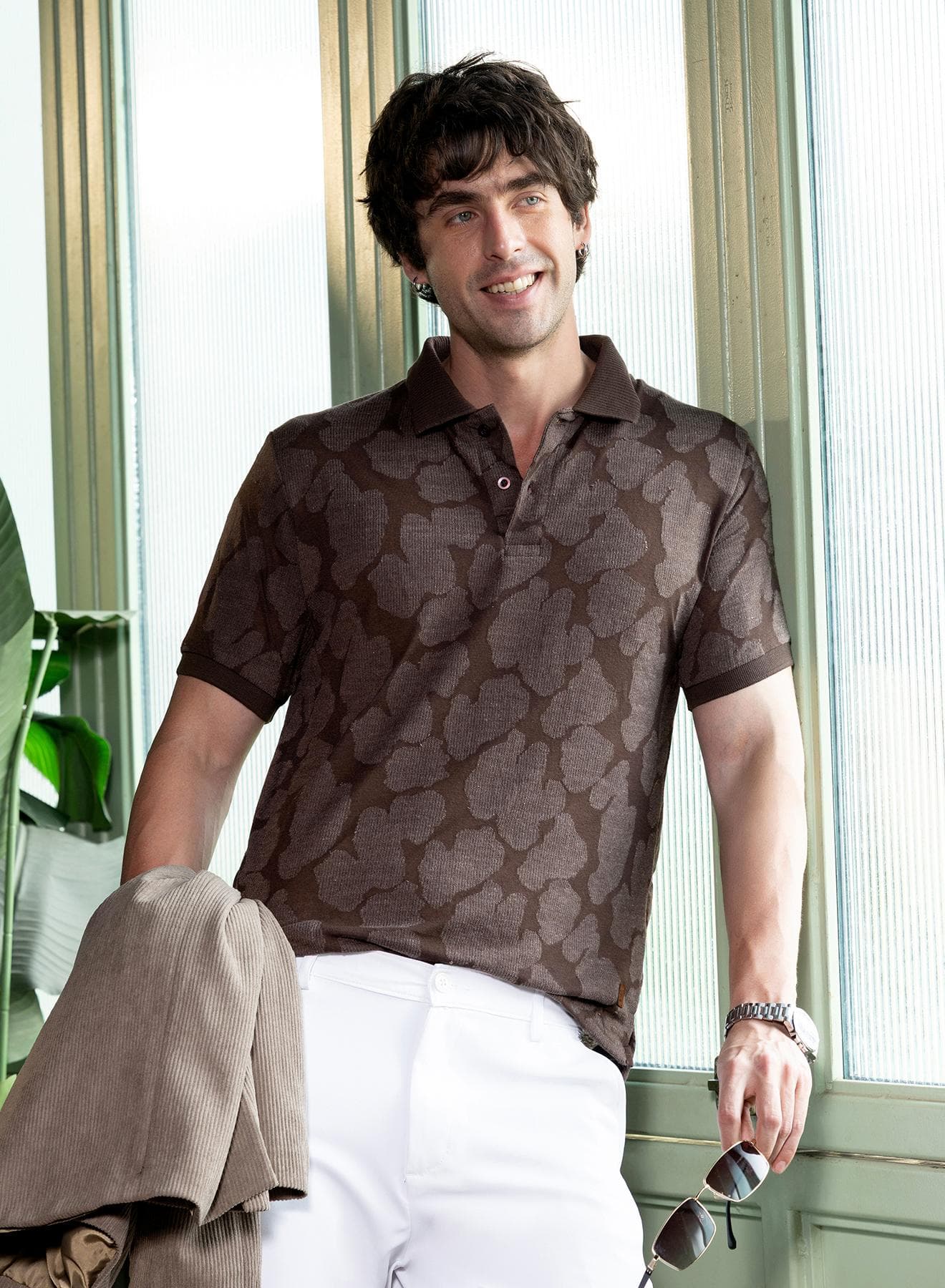 Men's Chocolate Brown Smear-Jacquard Polo T-Shirt