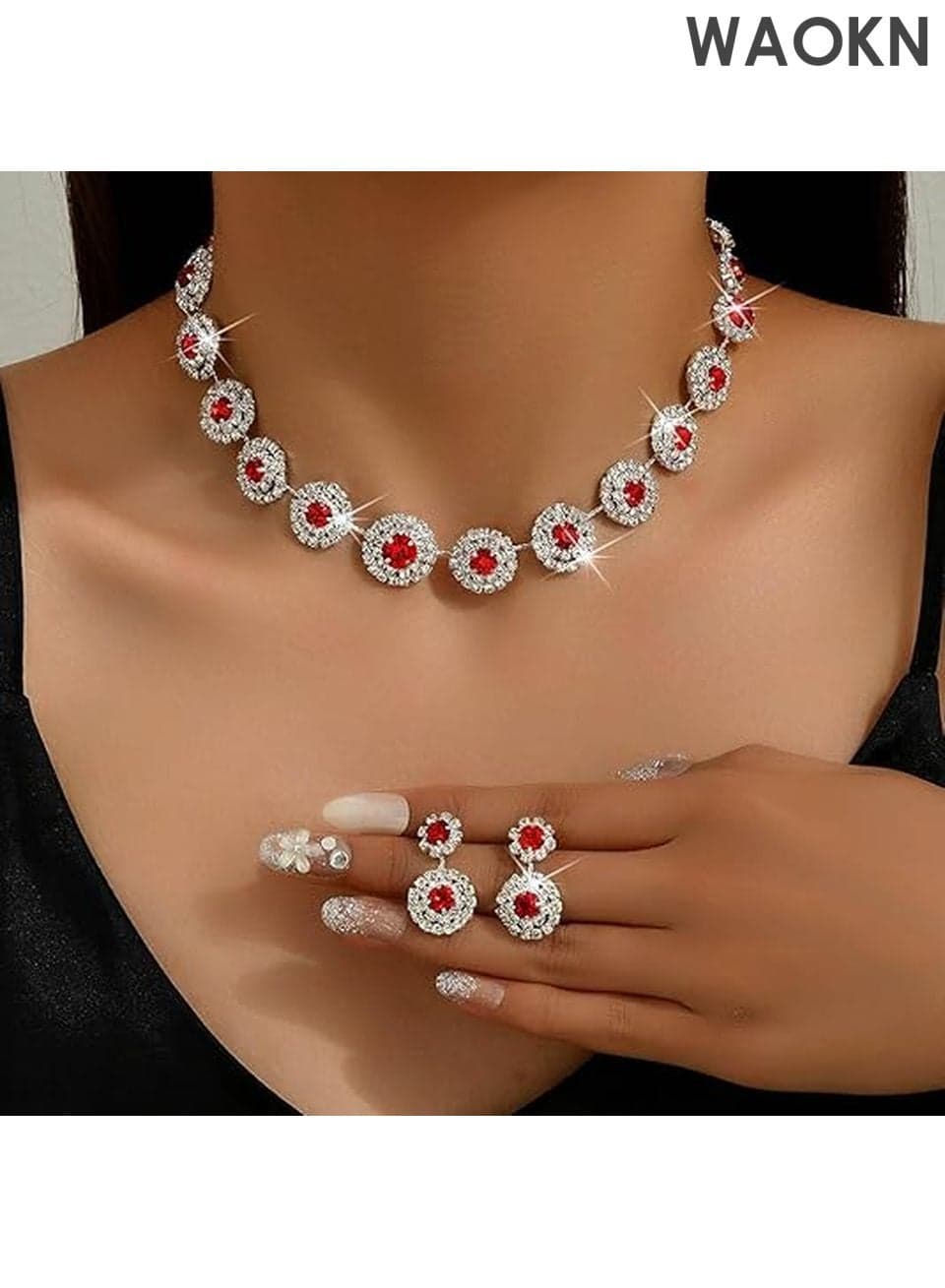 Bridal Jewelry Set - Rhinestone Necklace & Earrings for Weddings - Elegant Formal Costume Jewelry Set for Women, Brides & Bridesmaids - Sparkling Wedding Party Accessories - Perfect Gift for Bride(Red)