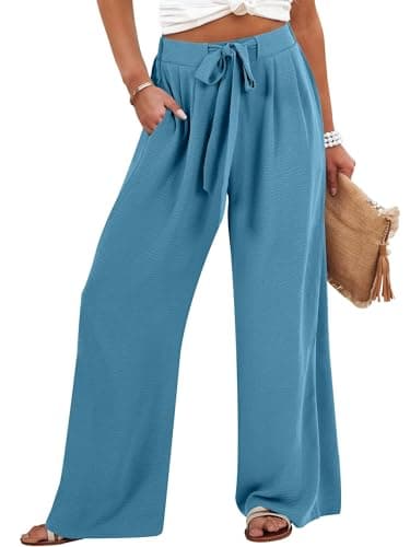 Caracilia Women Wide Leg Palazzo Pants Summer High Waist Flowy Casual Trousers Loose Lounge Beach Travel Vacation Clothes Lake Medium