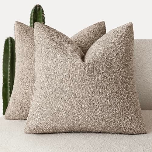 Foindtower Set of 2 Decorative Textured Boucle Throw Pillow Covers Accent Solid Pillow Cases Neutral Cozy Couch Cushion Case for Chair Sofa Bedroom Living Room Home Decor 16x16 Inch Light Khaki Tan