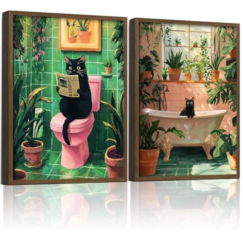 2 Pcs Wooden Framed Green Plant Bathroom Black Cat Wall Art Animal Bathroom Decor Painting Modern Canvas Prints Vintage Plant Poster Gallery Style Home Artwork 12X16Inch