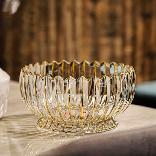 MAGCOLOR Hand painted Gold Round Crystal Glass Fruit Bowl-8.7inch Diameter, Footed Bowl,Elegant Decorative Fruit/Candy Bowl.