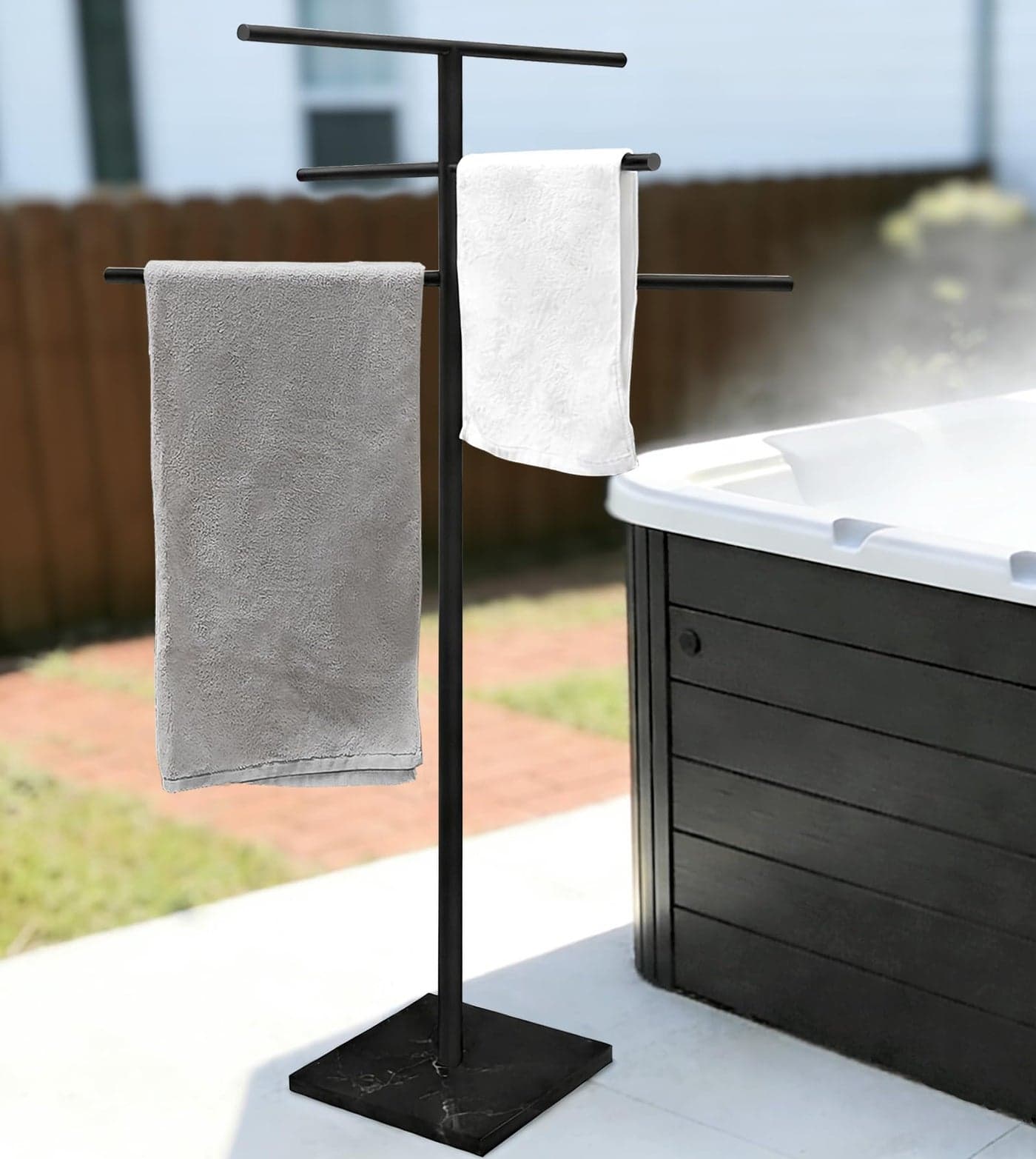 Eadot Marble Base Outdoor Standing Towel Rack for Swimming Pool, Hot Tub Or Spa, 304 Stainless Steel 6 Arms Standing Towel Sheet Holder Blanket Drying Rack Matte Black