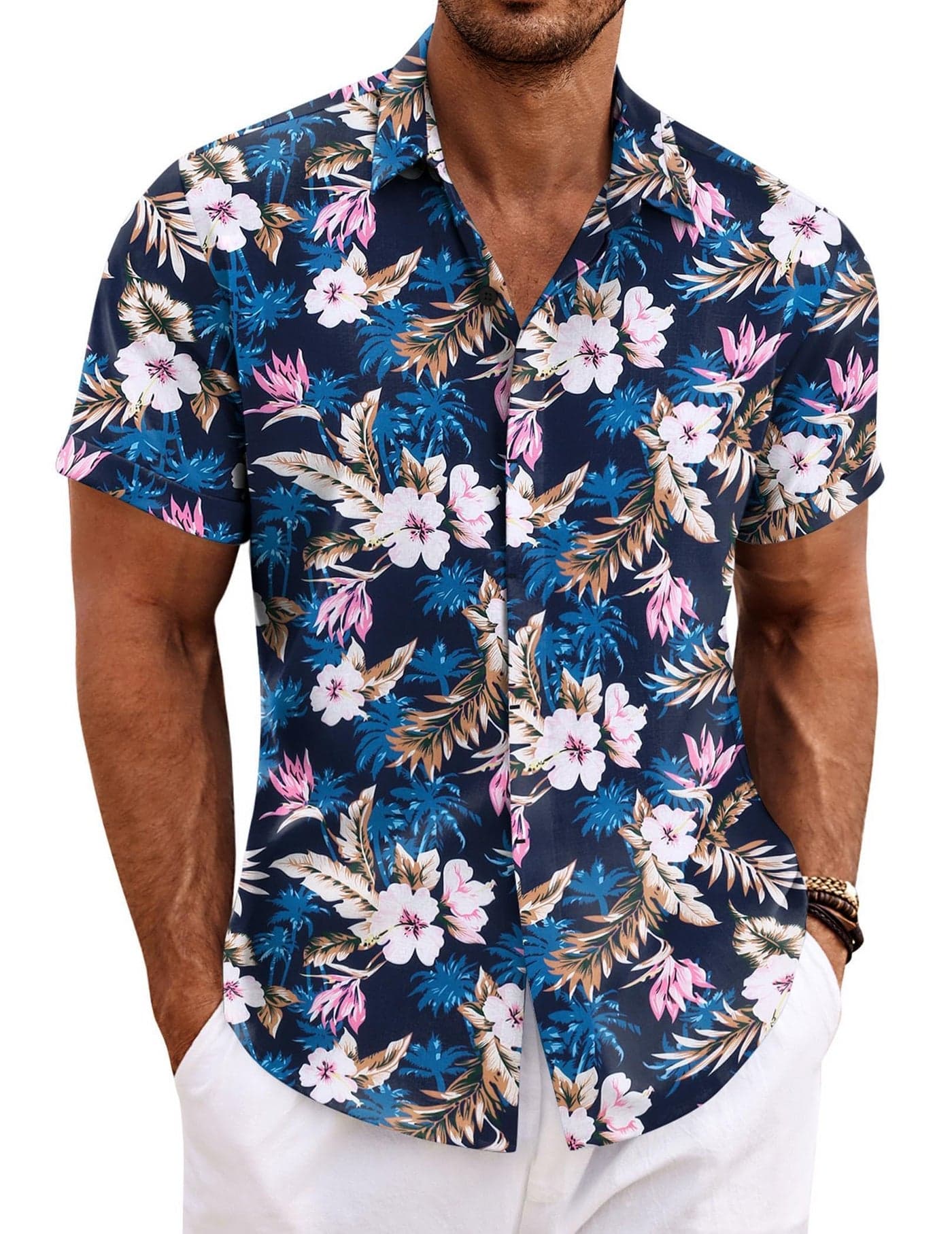COOFANDY Men's Summer Beach Shirts Short Sleeve Button Up Shirt Casual Vacation Shirt for Men Blue Floral