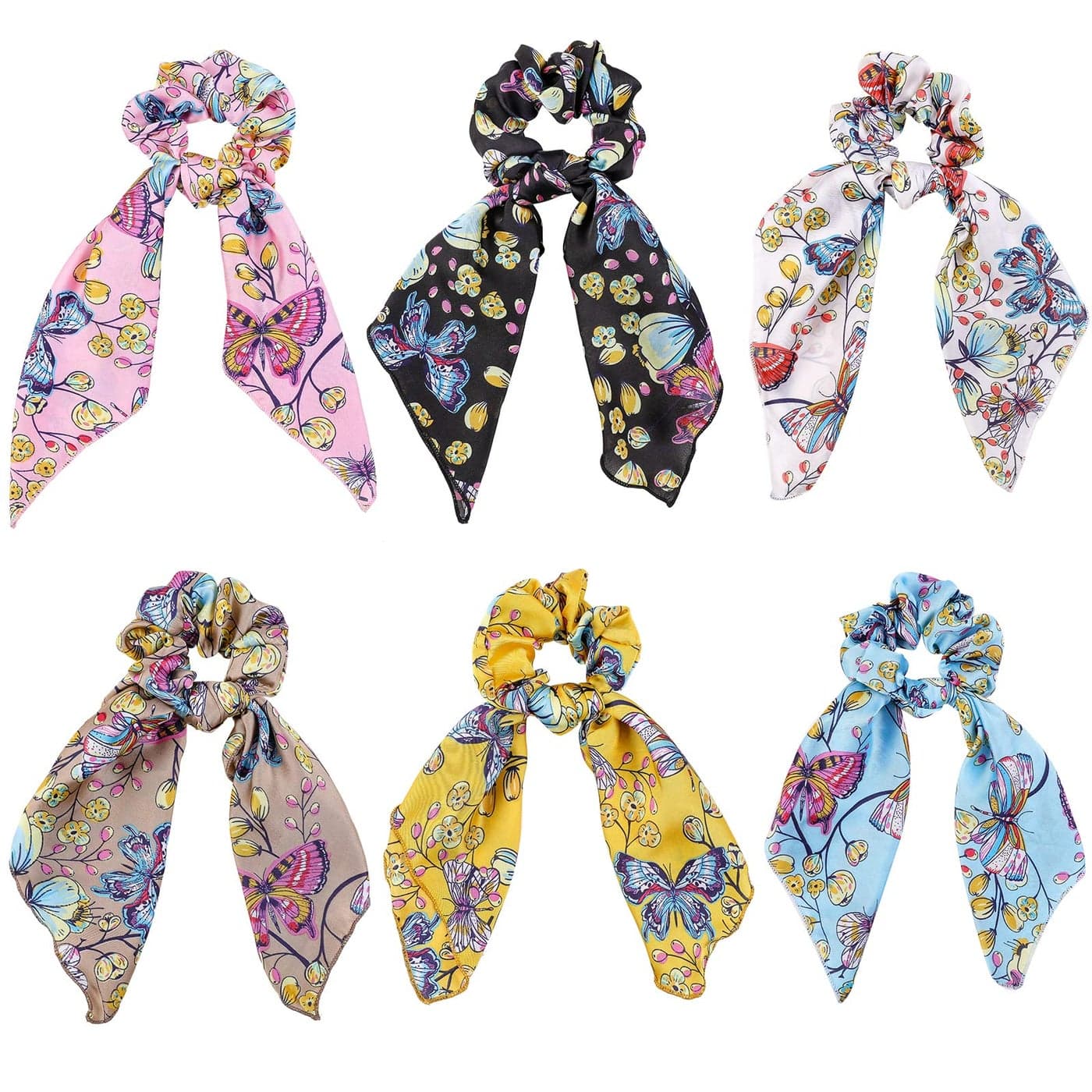 Cutewing Butterfly Scrunchies Vivid Silk Hair Accessories with Colorful Scarves Ribbons Elastics Bandanas Bows and Bands for Women and Girls 6PCS