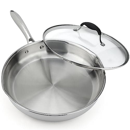 AVACRAFT 18/10 12 Inch Stainless Steel Frying Pan with Lid, Side Spouts, Induction Pan, Versatile Stainless Steel Skillet, Fry Pan in our Pots and Pans (Tri-Ply Stainless Steel, 12 Inch)