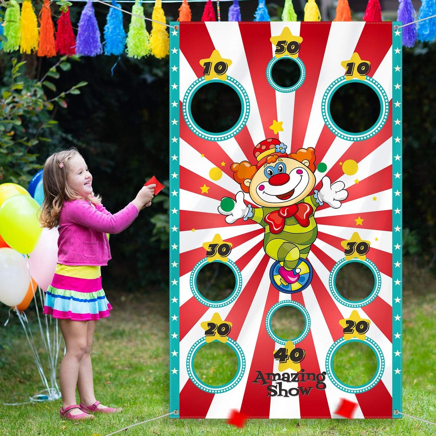 Blulu Carnival Toss Game Banner with 3 Bean Bags Carnival Game for Kids and Adults in Indoor Outdoor Activities Circus Theme Party Decoration Supply Set