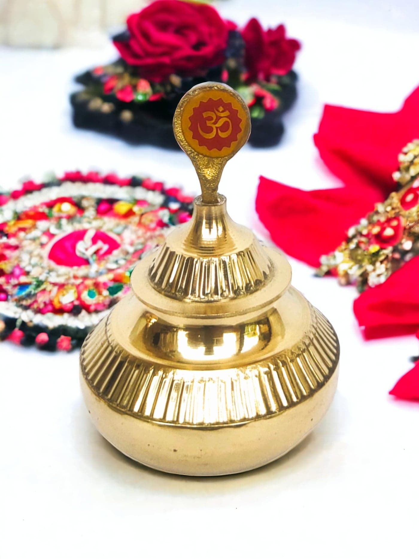 Blissful Decor presents Brass Handcrafted Sindoor Dibbi | Kumkum Box | Sindur Dani | Decoration Box For Gift & Fancy Box Round, gold colur with om stick