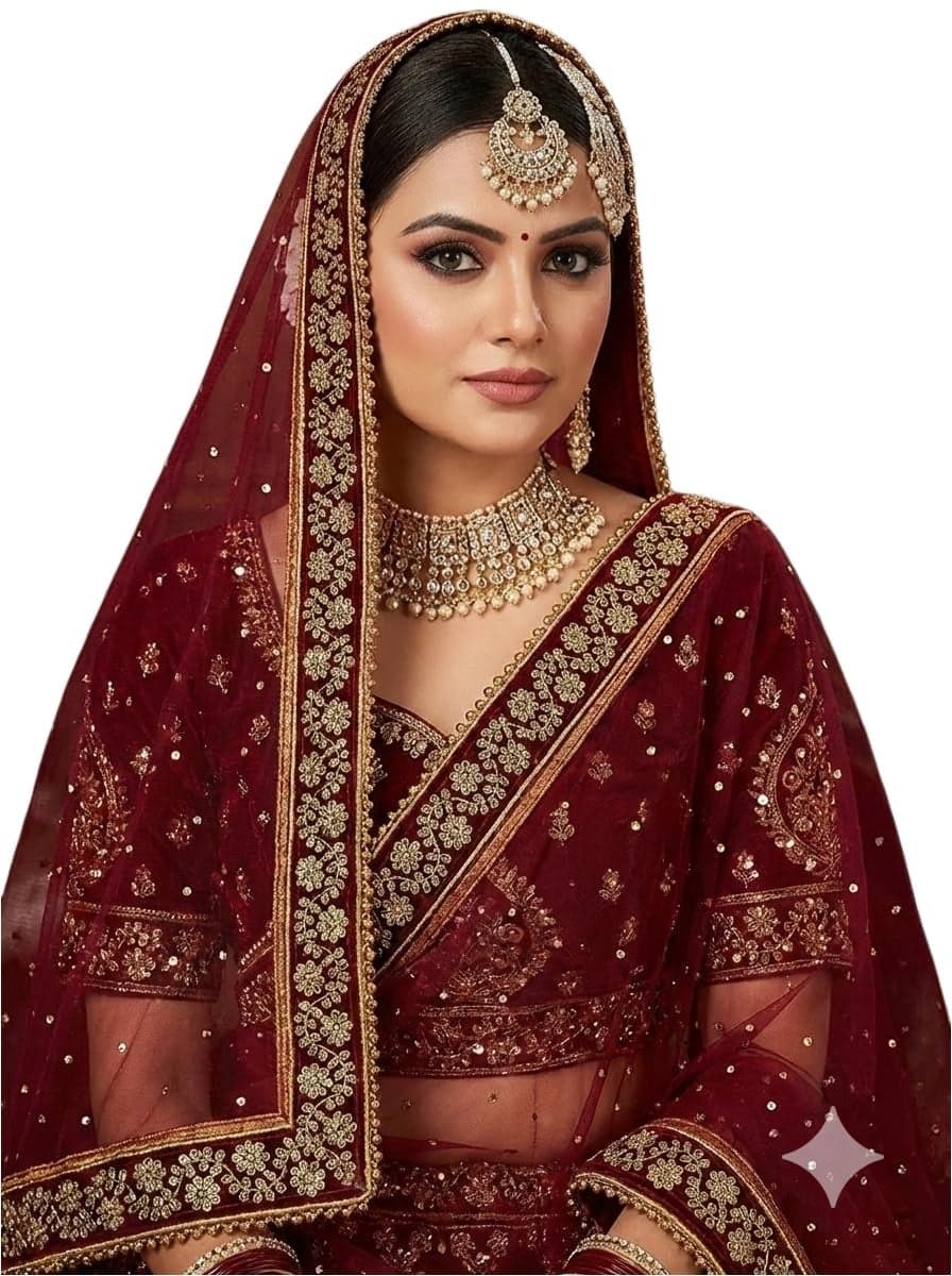 Navti Creations Women's Bridal Dark Maroon Net Dupatta With Zari Embroidery Border (Full Stone work, 2.25m)