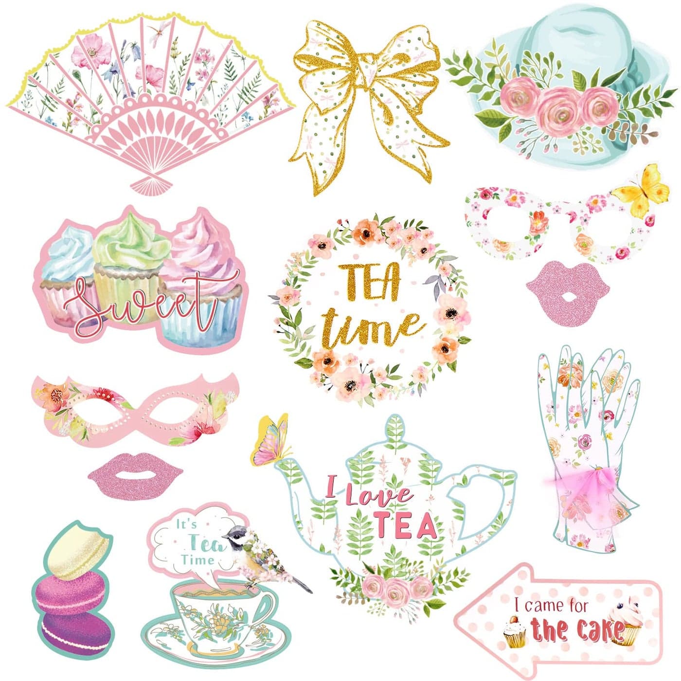 SUNBEAUTY 14 Pcs Tea Party Photo Booth Props Tea Party Decorations Alice in Wonderland Party Supplies Garden Party Bridal Shower for Girls Women