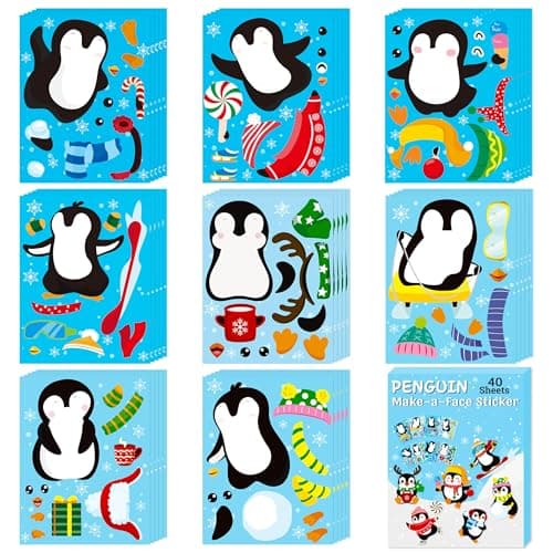 B1ykin Christmas Face Sticker Kit 40 Sheets DIY Winter Make a Face Sticker for Kids Make Your Own Mix Match Art Craft for Boys Girls Birthday School Activity Game and Stocking Stuffer Penguin