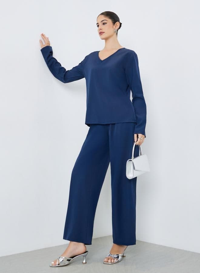 Navy Blue Plain V Neck Top and Pants Co-Ords