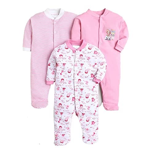 EIO 100% Cotton Baby Rompers Sleepsuits Jumpsuits Night Suits for Newborn Baby Boys & Girls | Soft Infant Bodysuit | Pack of 3 Kids Rompers Light Pink