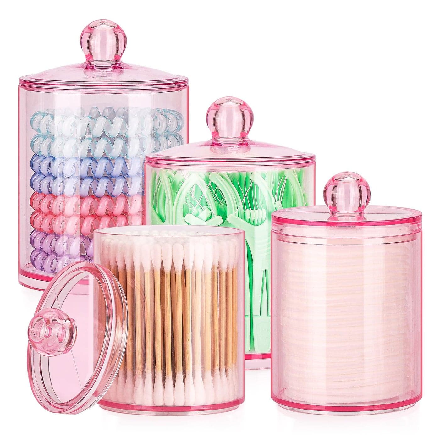 Tbestmax 12 oz 10 oz Qtip Holder 4 Pack Restroom Bathroom Organizers and Storage Containers Pink Plastic Apothecary Jars with Lids for Cotton Swab Cotton Round Pads Floss