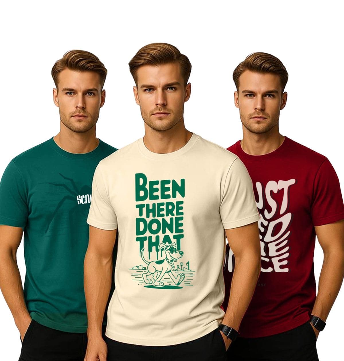 Veirdo® Pure Cotton Regular Fit Graphic Printed Round Neck Half Sleeve T-Shirt Combo for Men (PO3_TSH_V99_IJNS_SPID_BTDT_XL)