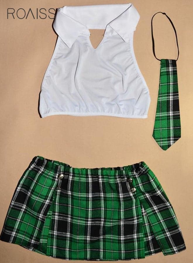2Pcs Split Underwear Suit for Women Halterneck Backless Lapel Shirt Short Top and Plaid Mini Upskirt Schoolgirl Uniform Lingerie Ladies Cosplay Costumes