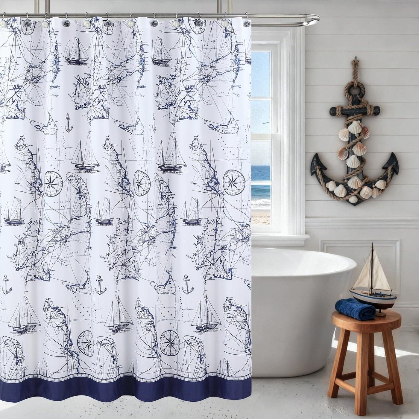 DS BATH Nautical Ocean Shower Curtain for Bathroom Navy Blue Coastal Beach Theme Fabric Shower Curtain with Anchor Sailboat Waterproof Washable Decorative Cloth Bathroom Curtains 72 W x 72 H