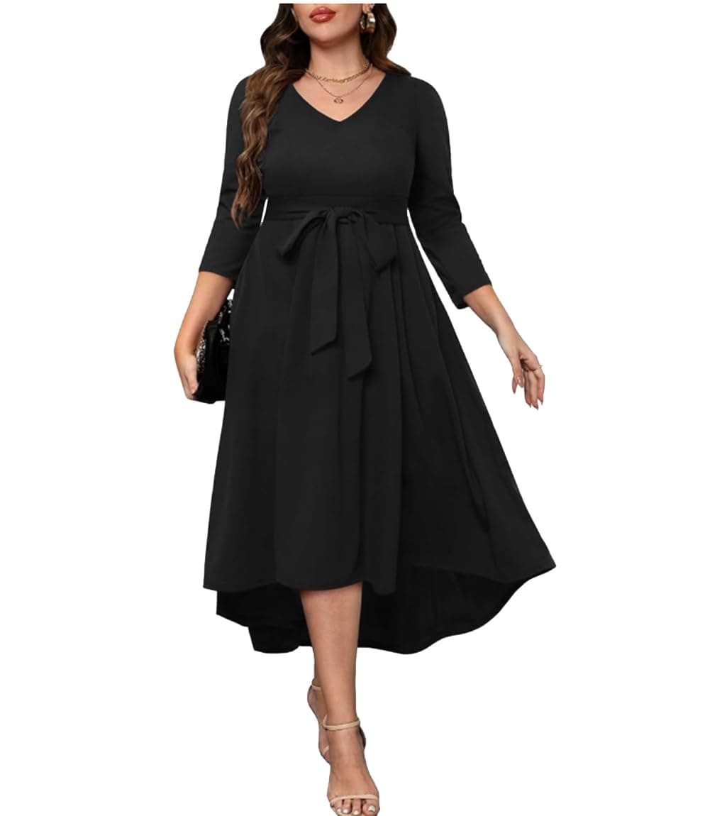 TATAIYA Women Plus Size V-Neck Party Cocktail High-Low Maxi Dress (Black_3XL)