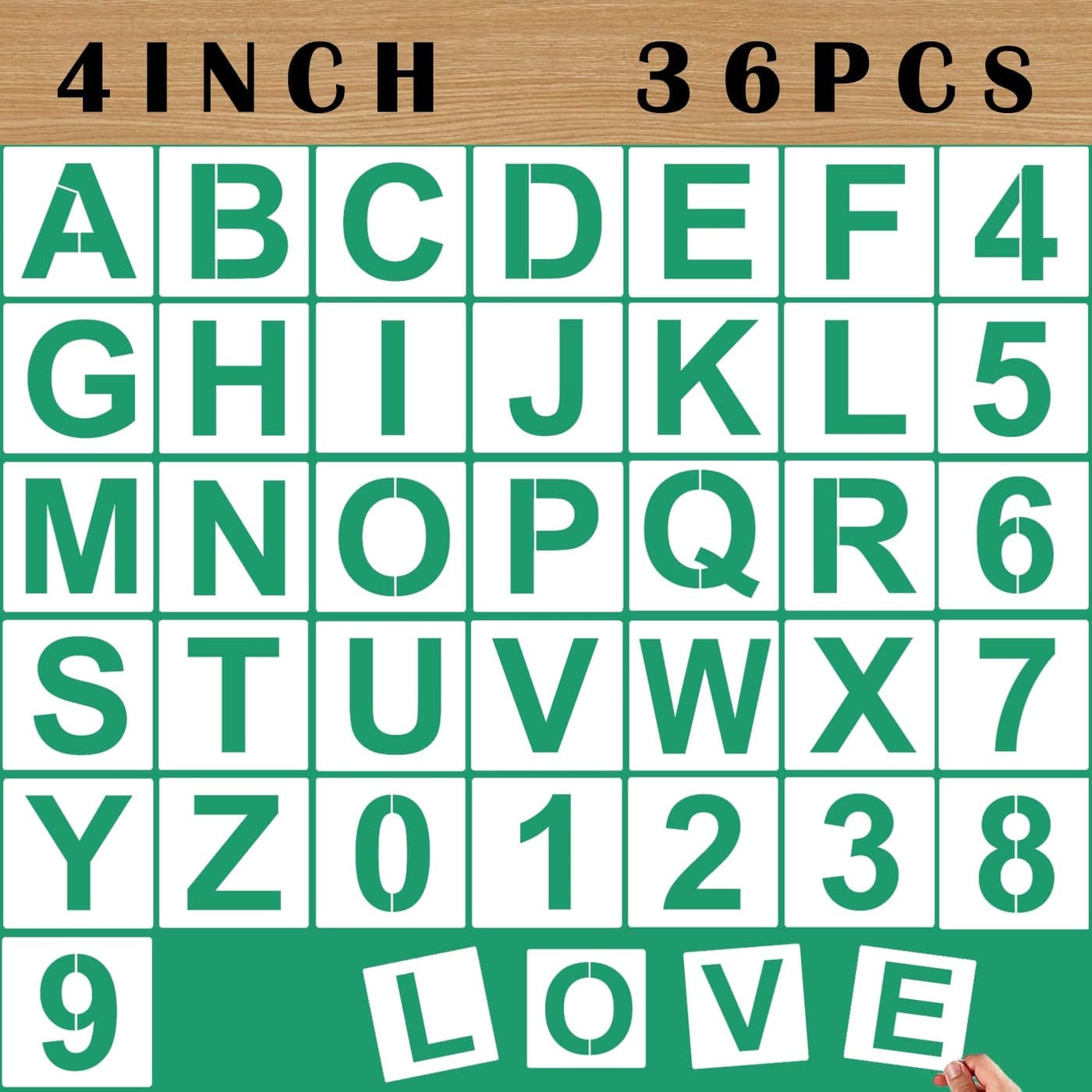 4 Letter Stencils and Numbers Reusable Plastic 36 Pc Alphabet Art Craft Stencils Number Symbol Templates for Wood Wall Fabric Rock Chalkboard Signage