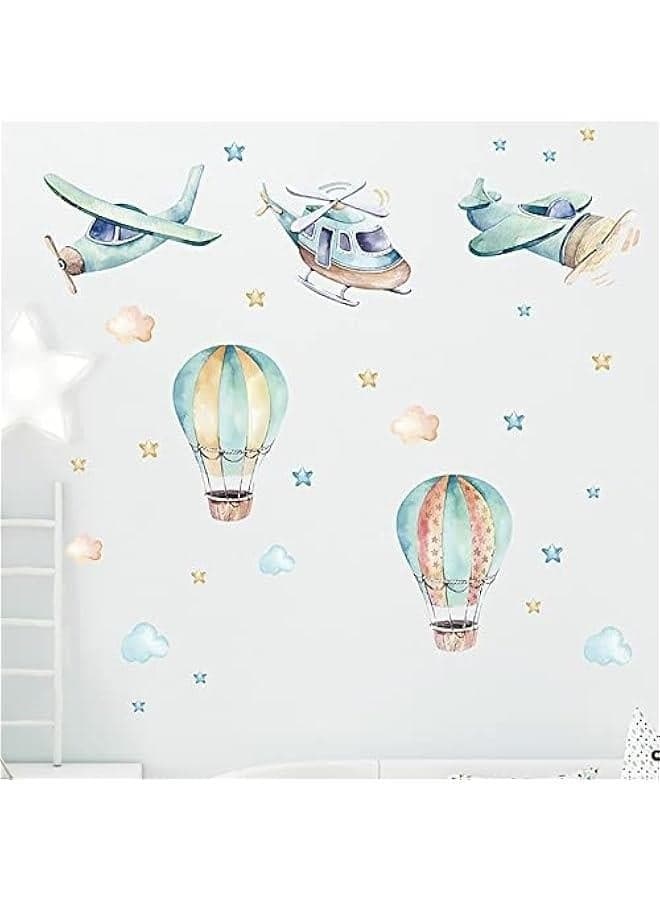 Cartoon Animal Wall Decals Aircraft Helicopter Hot Air Balloon Wall Stickers for Boys Room Baby Nursery Room Kindergarten Decoration Kids Bedroom Decals PVC Murals Living Room Wallpaper
