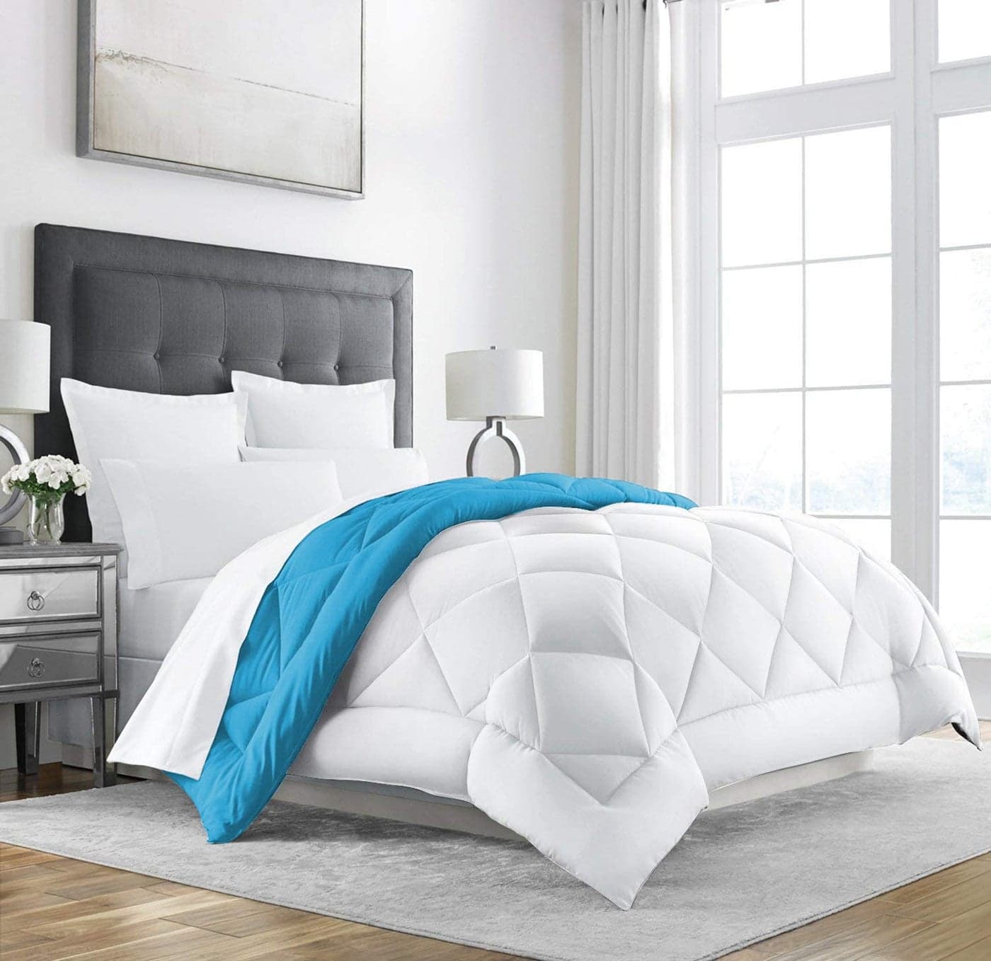 Linenovation All Season Microfiber Reversable DuvetAC ComforterQuilt Sky Blue White Double Size 90 Inch x 100 Inch