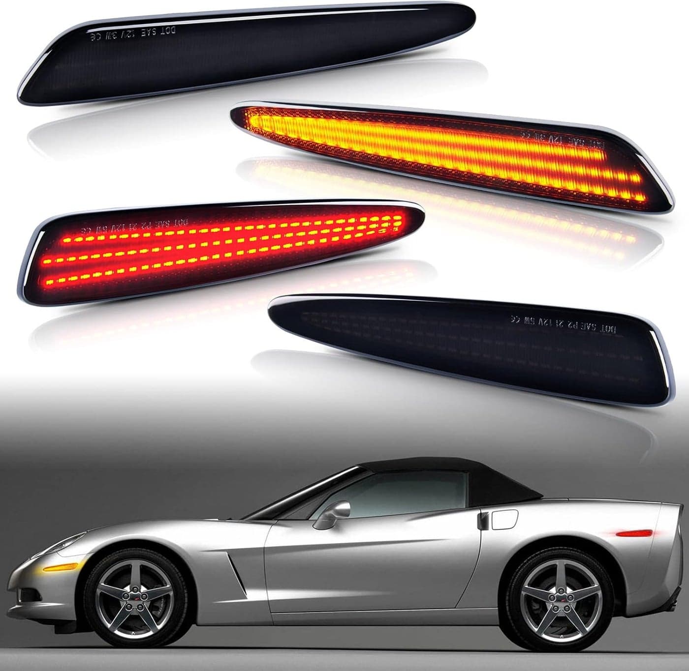 Gempro LED Side Marker Light Kits for Chevy Corvette C6 2005-2013 - Front Amber & Rear Red, Smoked Lens, 4pcs