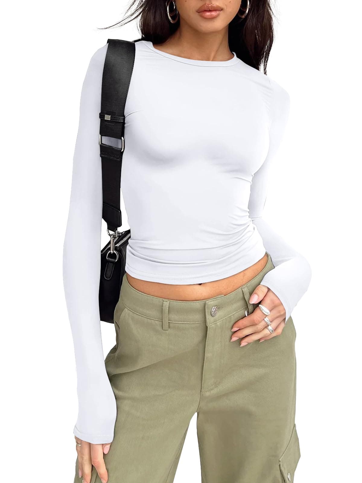 Trendy Queen Womens Long Sleeve Shirts Basic Tees Crop Tops Going Out Spring 2025 Workout Outfits Y2k Clothes White M