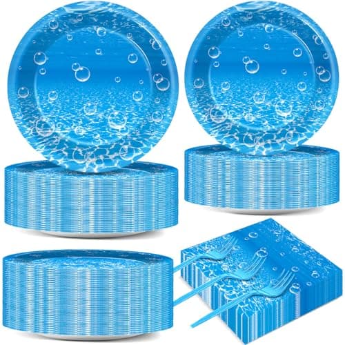 200PCS Ocean Sea Party Plates and Napkins Under the Sea Bubbles Themed Tableware Set for Ocean Party Decorations Dessert Plates Serve 50 Guests for Blue Baby Shower Birthday Favor Supplies