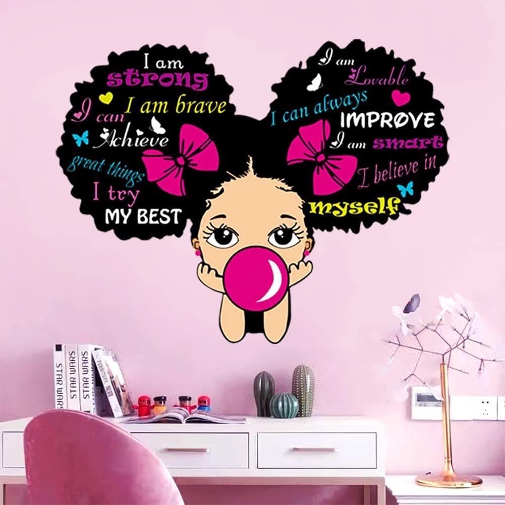 Black Girl Wall Stickers for Girls Bedroom Inspirational Wall Decals Quotes African American Sticker Pink Motivational Saying Wall Decor Sticker for Kid Baby Toddler Room Nursery Playroom Living Room