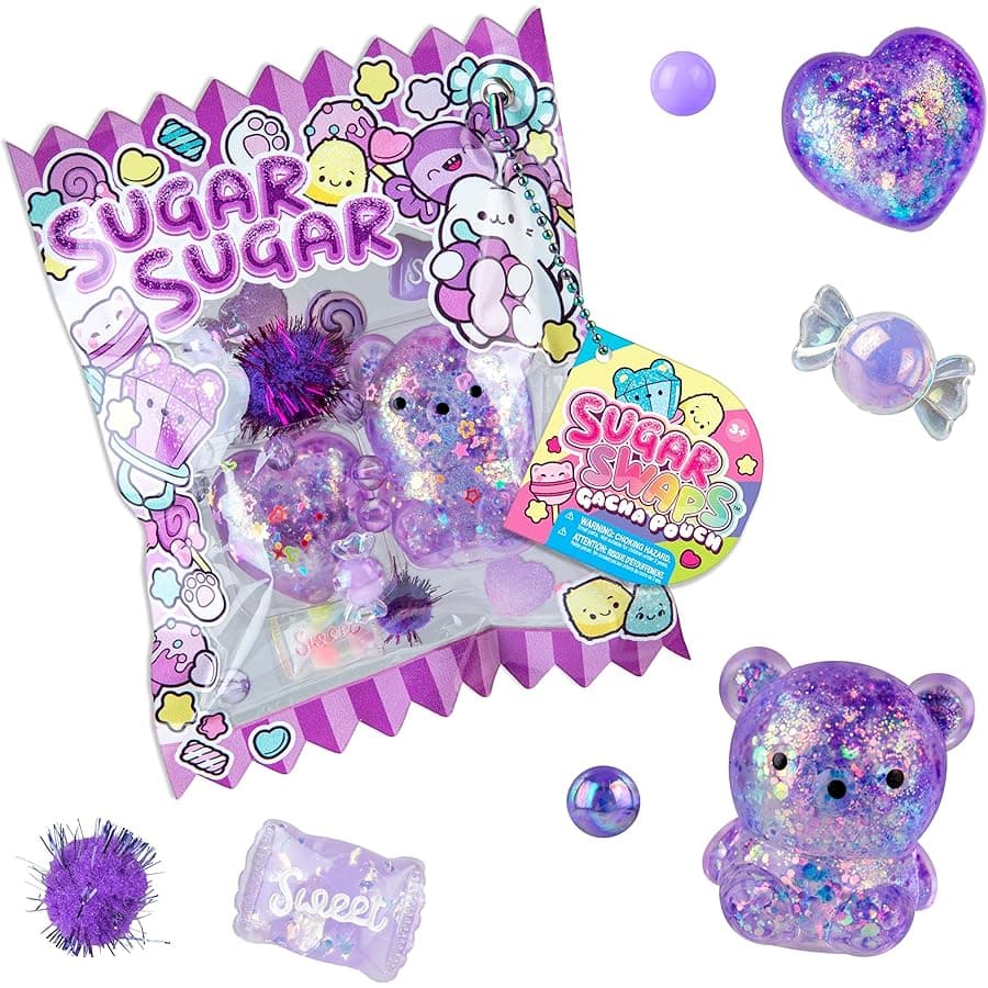 ORB Sugar Swaps Gacha Pouch Squishy Keychain Charm - Purple Gachapon Style Pouch with Sparkly, Squishy Bear and Heart - Squish, Collect, Trade - Fidget Stress Toys for Kids, Backpacks, Keys, Bags