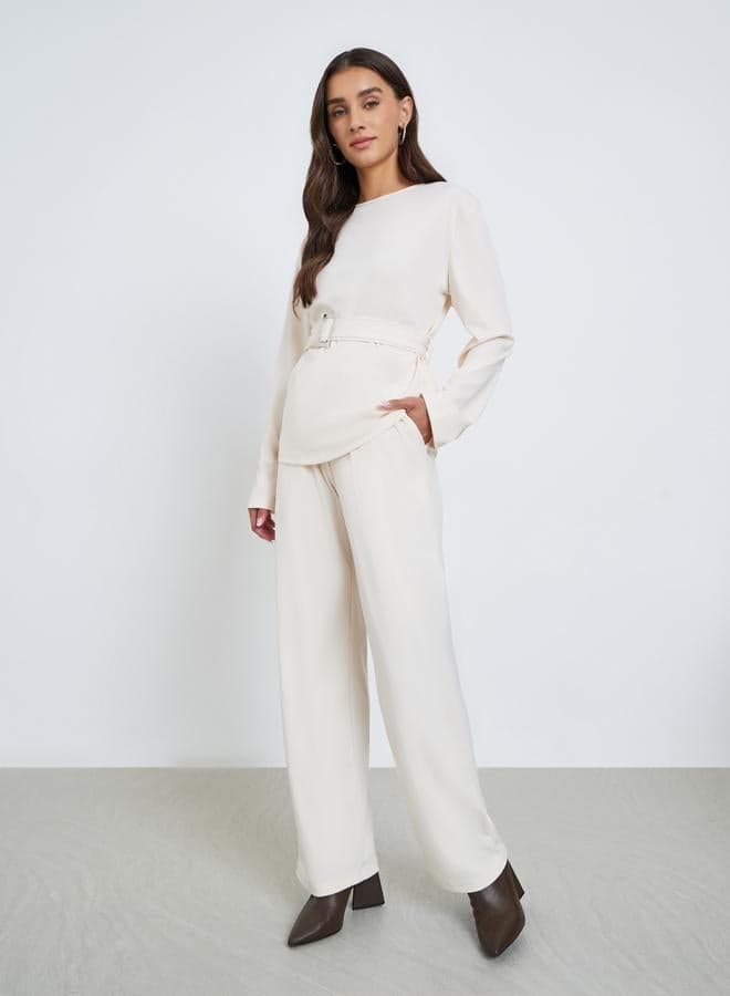 Solid Belted Top and Wide Leg Trousers Co-ords