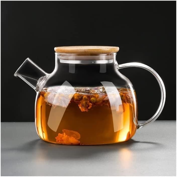 MENOVAS Glass Teapot Stovetop Microwave Safe Glass Borosilicate Teapot Glass Teapot with Strainer Glass Kettle with Wooden Lid Loose Leaf and Fruit Tea and Fragrant Tea 1000ml Wooden Lid