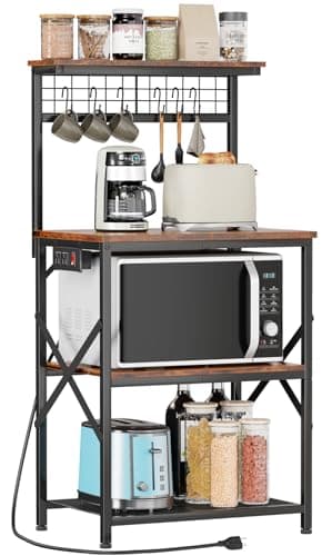 Furologee Kitchen Bakers Rack with Power Outlet Microwave Oven Stand with Storage 4 Tiers Coffee Bar Table with 6 S Hooks Kitchen Storage Shelf Rack for Spices Pots Rustic Brown