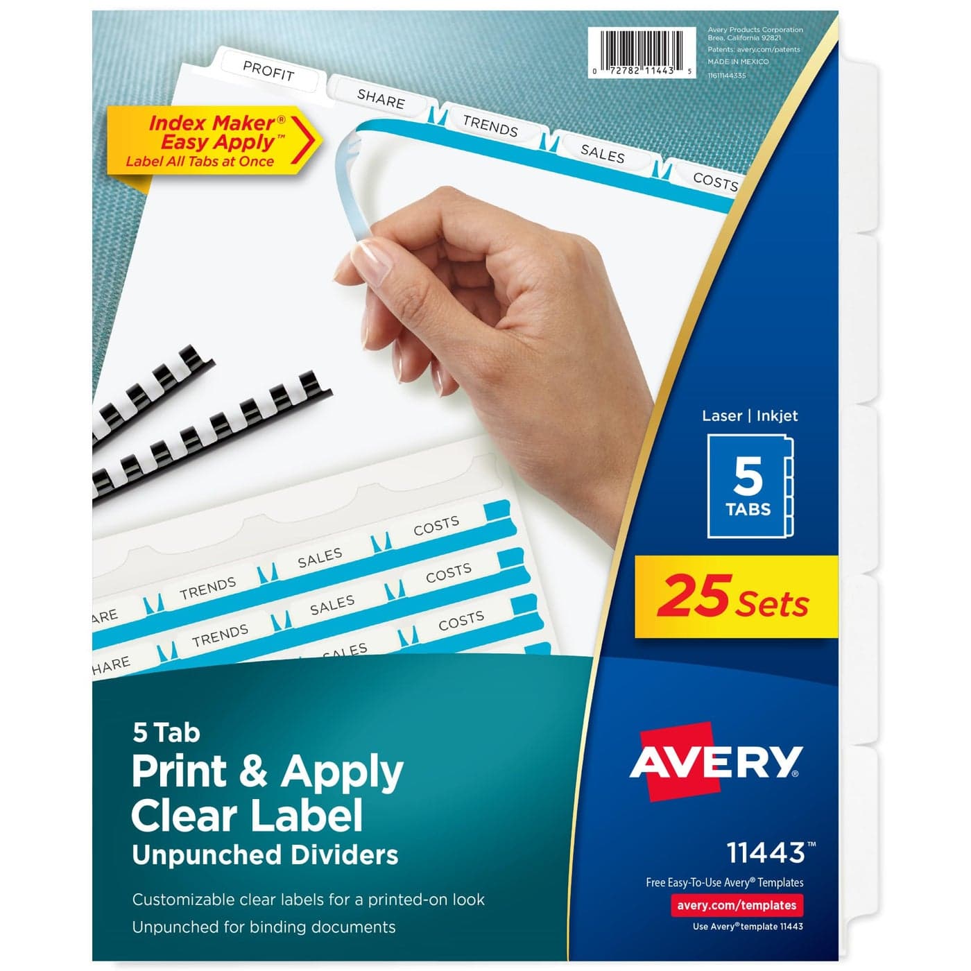 Avery 5 Tab Unpunched Dividers for Use with Any Binding System Easy Print Apply Clear Label Strip Index Maker Customizable White Tabs 25 Sets 11443