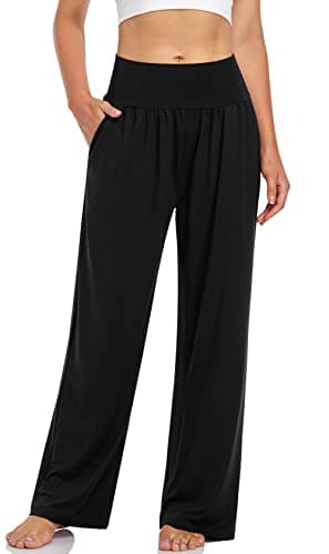 UEU Women's Wide Leg Yoga Pants Flowy High Waisted Casual Loose Fit Sweatpants Comfy Lounge Athletic Sweat Pants with Pockets(Black,M)