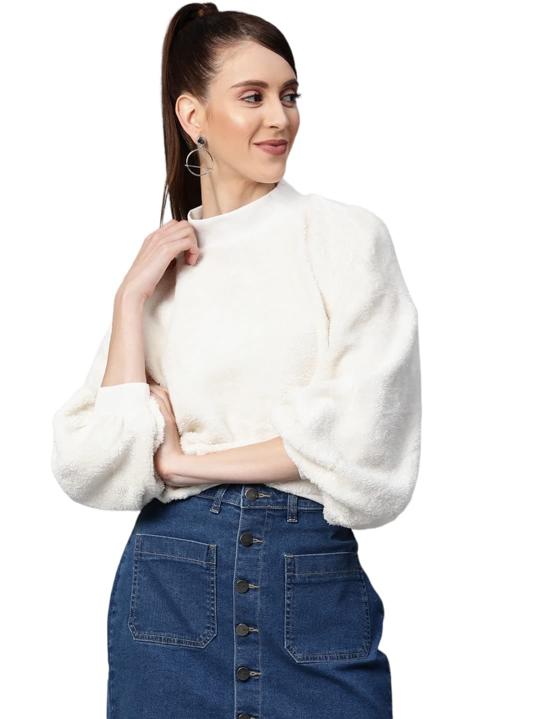 SASSAFRAS White Balloon Sleeve Faux Fur Sweatshirt