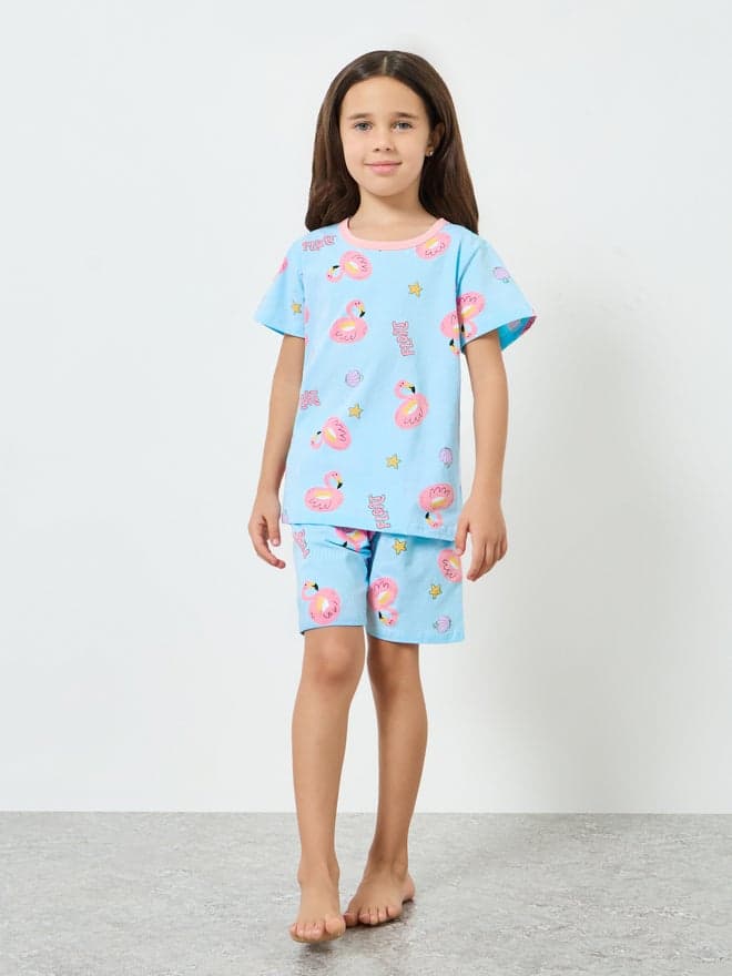 Styli Girls Flamingo Print T-Shirt and Shorts Set — 6-7Y