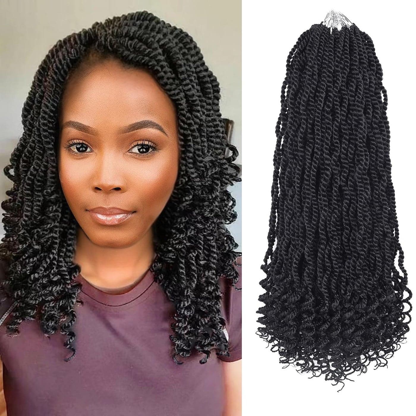 Wavy Senegalese Twist Crochet Hair Curly Ends 16 Inch 8 Packs Short Pre Loope Crochet Hair for Black Women Crochet Kinky Twist Braiding Hair Extensions 16 Inch1B
