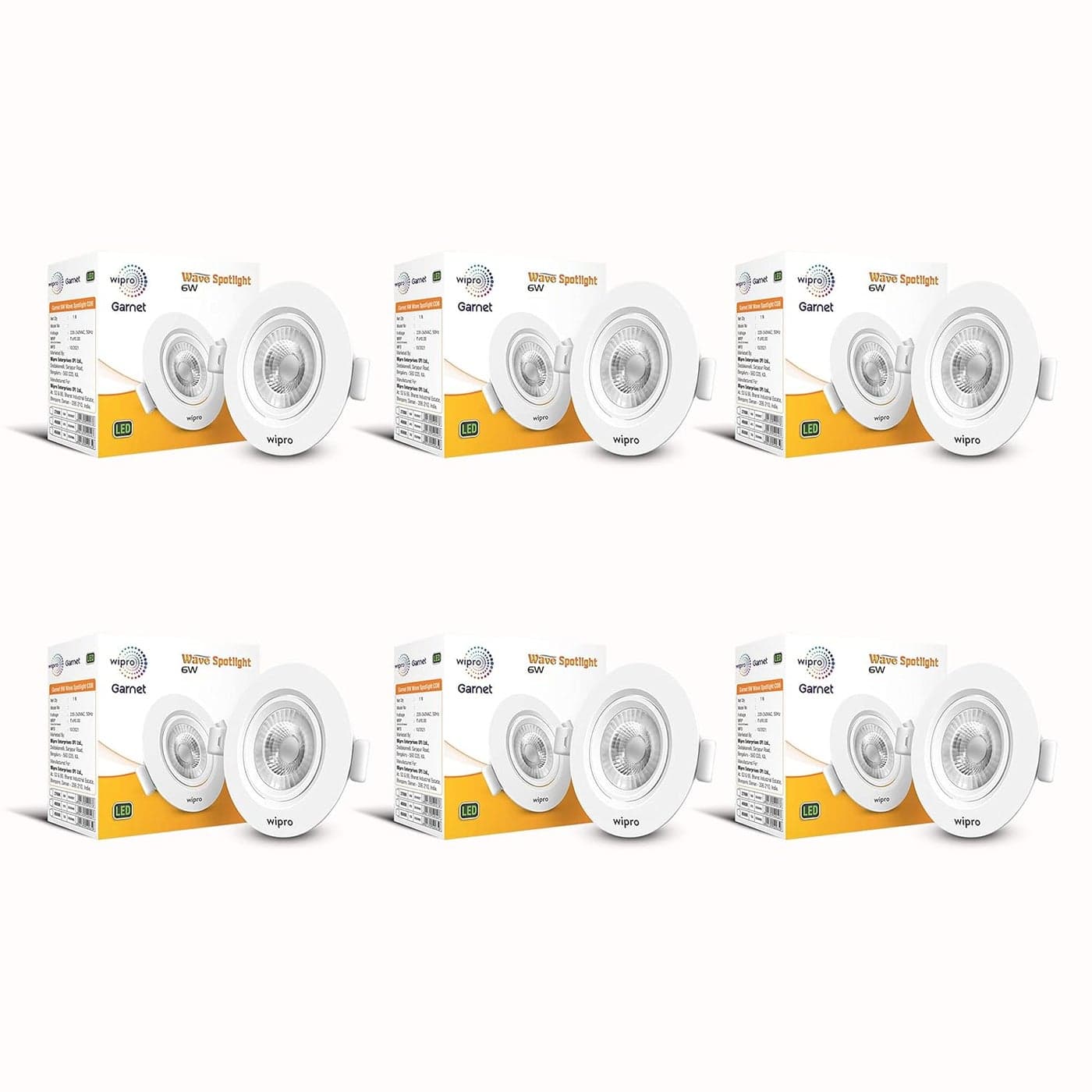 Wipro Garnet 6W Round Led Wave SpotlightCob Spotlight for CeilingWarm White Light 2700KAdjustable DesignRecessed Tiltable Downlighter for False CeilingCutout 75 MmPack of 6